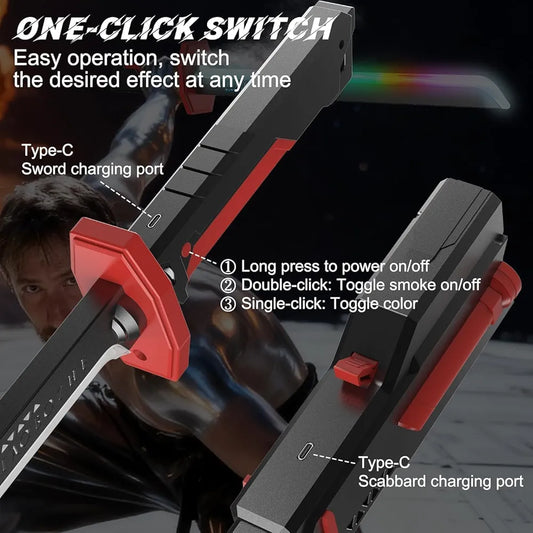 LED Sword with Smoke & Spark Effects, 7-Color Light Blade with Sound FX, Anime-Inspired Cosplay Katana for Roleplay, Halloween, Parties, Collectors, and Display